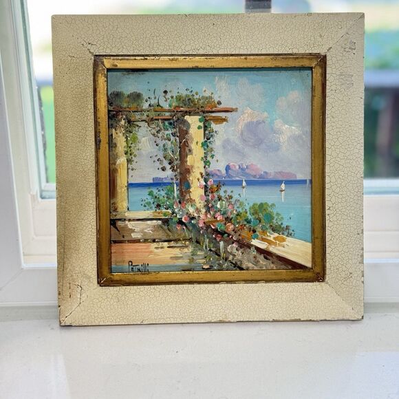 Vintage Enzo Petrilli 6″ Oil Painting on Tile – Italian Seaside Café (Framed) - Picture 5 of 16